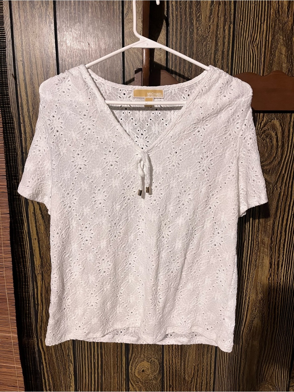 Michael Kors White Eyelet V‑Neck Short Sleeve Tunic with Tie